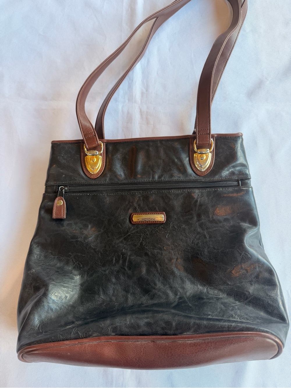 Vintage Mondani Black and Brown Leather Shoulder Bag Gold Hardware